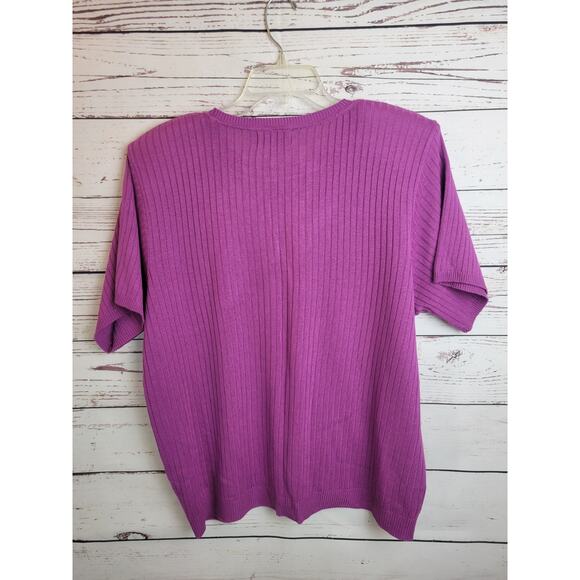 Alfred Dunner Short Sleeve Top Purple Crew Neck Cable Knit Ribbed Womens Size 1X - Picture 6 of 7